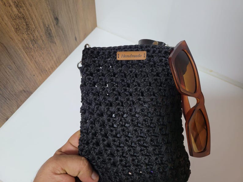 Black Crochet Mini Shoulder Bag - Bohemian Knit Crossbody Purse with Vegan Leather Accents - Unique Artisan Gift for Daily Use