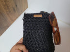 Black Crochet Mini Shoulder Bag - Bohemian Knit Crossbody Purse with Vegan Leather Accents - Unique Artisan Gift for Daily Use