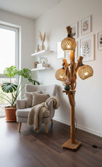 Natural Tree Branch Floor Lamp with 3 Rope Shades Homeartparis production