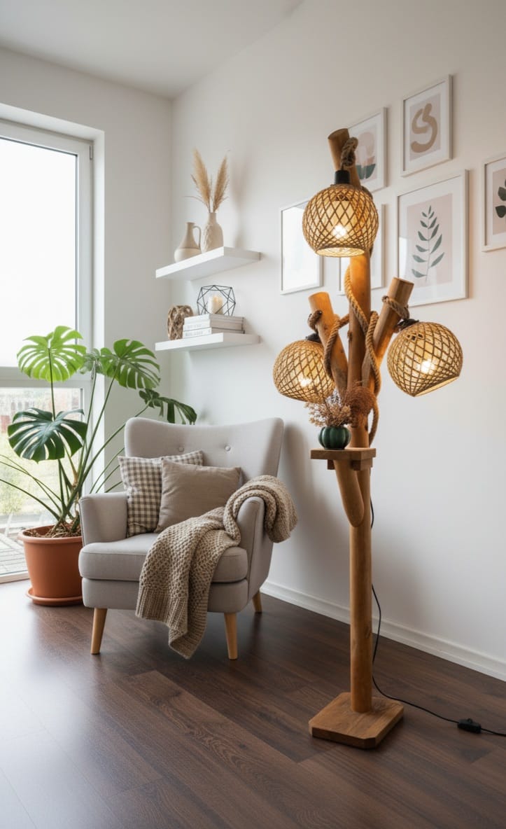Natural Tree Branch Floor Lamp with 3 Rope Shades Homeartparis production
