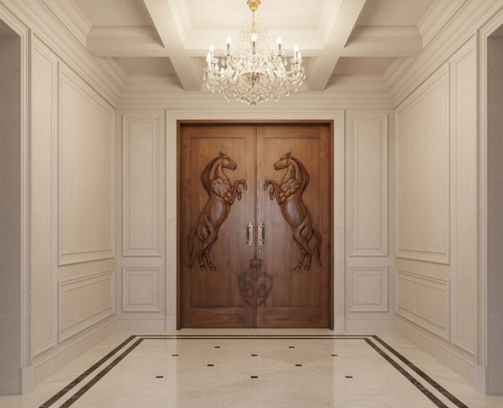 Vitage Wooden Garden Gate, Medieval Hand-Carved Chestnut Wood Double Doors with Rearing Horse Reliefs - Custom Size and Logo Options Homeartparis production