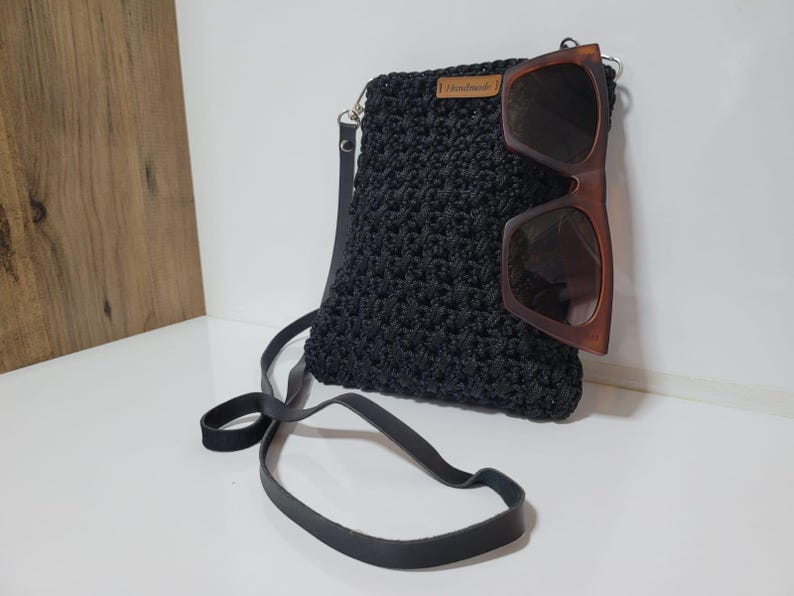 Black Crochet Mini Shoulder Bag - Bohemian Knit Crossbody Purse with Vegan Leather Accents - Unique Artisan Gift for Daily Use