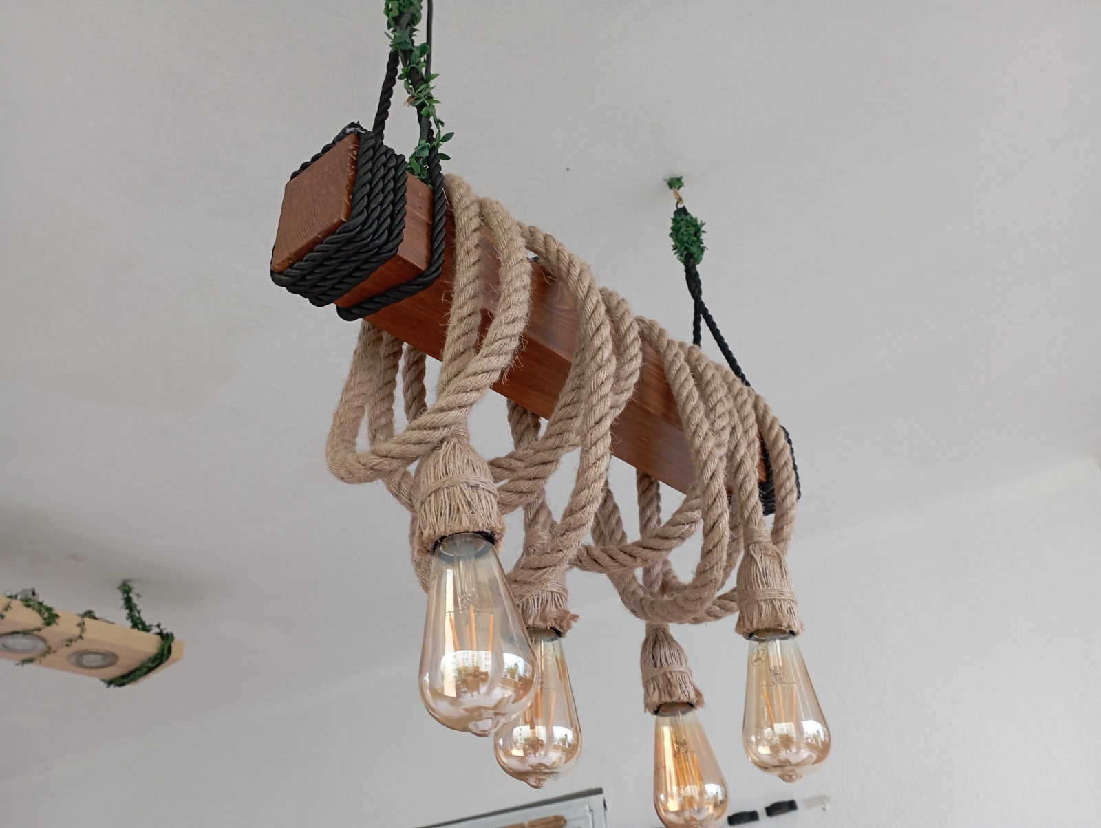 Walnut finish wood chandelier, 4-rope rustic pendant light, Homeartparis production, handcrafted walnut beam lamp, decorative rope ceiling fixture, farmhouse walnut lighting, vintage jute rope pendant, industrial walnut light.