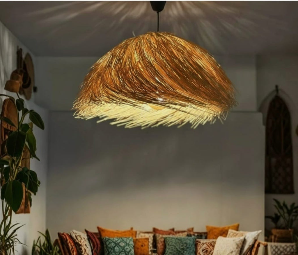 Handwoven Raffia Dome Pendant Light - Exotic Hawaiian Style Boho Chandelier for Coastal & Indoor Spaces