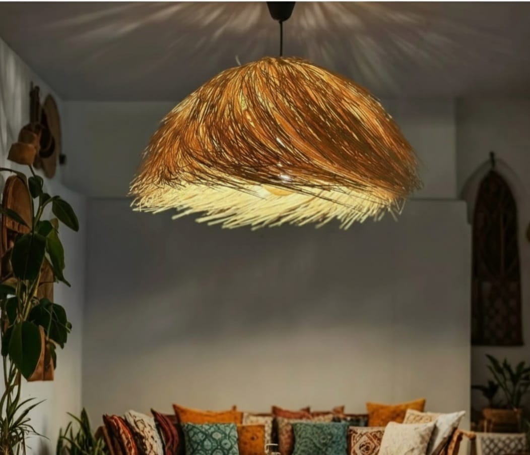 Handwoven Raffia Dome Pendant Light - Exotic Hawaiian Style Boho Chandelier for Coastal & Indoor Spaces