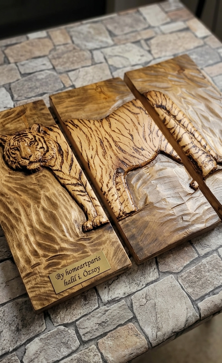 Spirit of Shadow and Fire: 3-Piece Hand-Carved & Pyrography Wood Art Tiger - Homeartparis production