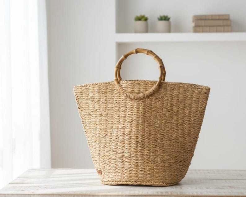 Large Straw Tote Bag - Boho Woven Handbag with Bamboo Style Handles - Oversized All-Season Natural Shoulder Bag - Handmade in Turkey)