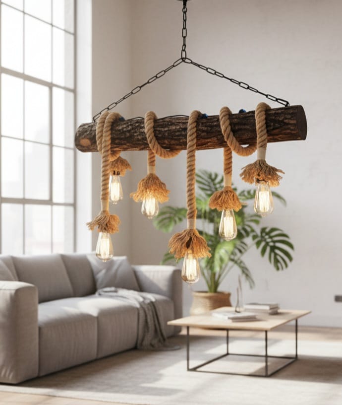 6-Light Natural Oak Branch and Rope Rustic Chandelier - Organic Homeartparis Design