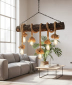 6-Light Natural Oak Branch and Rope Rustic Chandelier - Organic Homeartparis Design
