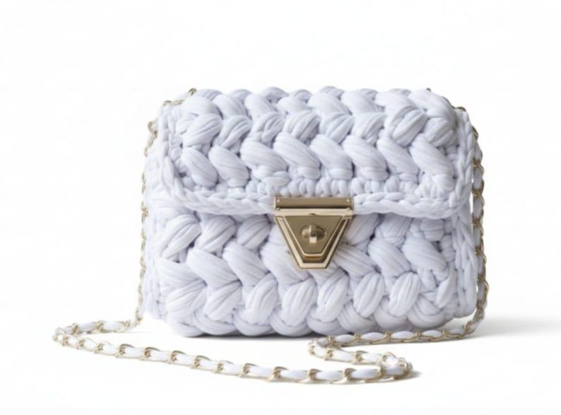 Chalk White Crochet Crossbody Bag - Handmade Popcorn Stitch Purse by Seval Özsoy - Soft T-Shirt Yarn Mini Bag - Unique Designer Gift
