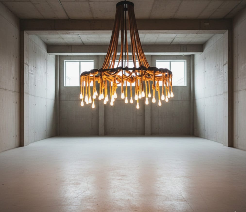 Grand 35-Arm Jute Rope Chandelier - Large Industrial Round Pendant Light - Homeartparis production