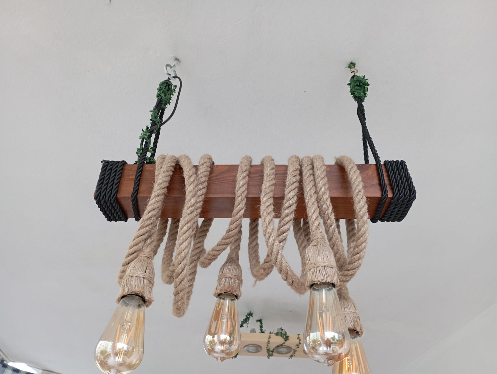 Walnut finish wood chandelier, 4-rope rustic pendant light, Homeartparis production, handcrafted walnut beam lamp, decorative rope ceiling fixture, farmhouse walnut lighting, vintage jute rope pendant, industrial walnut light.