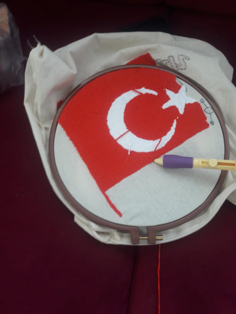 homeartparis Turkish Flag Punch Needle Pillow Cover, Turkey Linen Cushion Case, Travel Souvenir Gift, Textured Home Decor 16x16