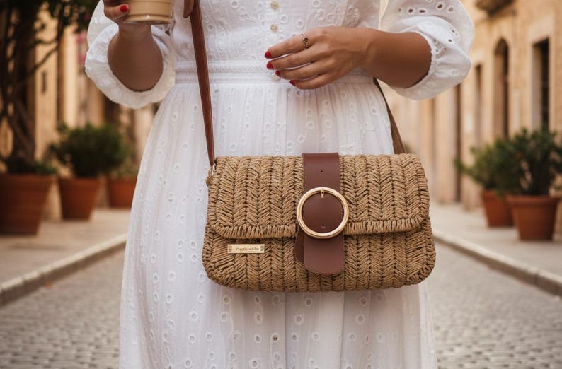 Bohemian Straw Crossbody Bag - Handmade Authentic Mini Bag by Seval Özsoy - Natural Woven Shoulder Purse with Leather Flap - Unique Artisan Gift