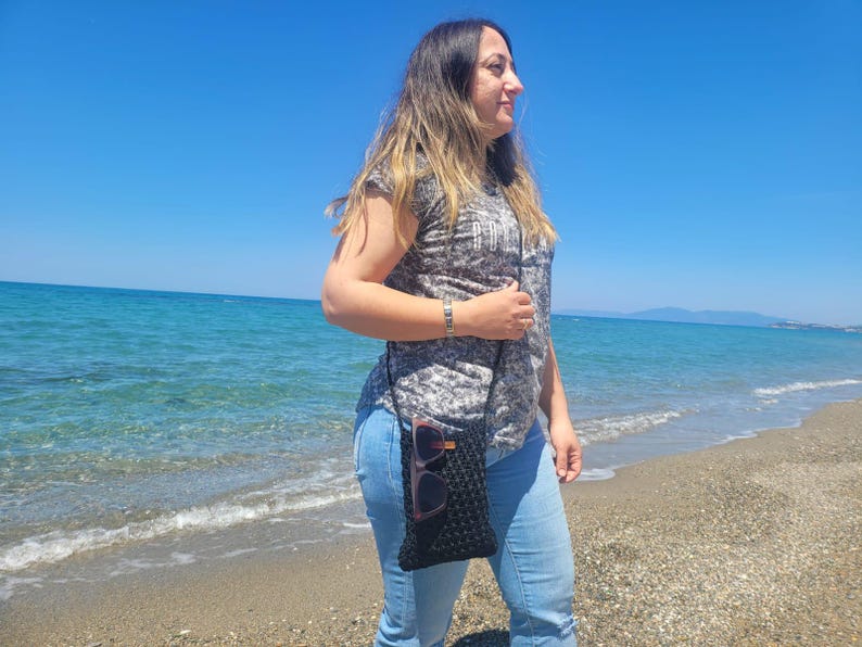Black Crochet Mini Shoulder Bag - Bohemian Knit Crossbody Purse with Vegan Leather Accents - Unique Artisan Gift for Daily Use