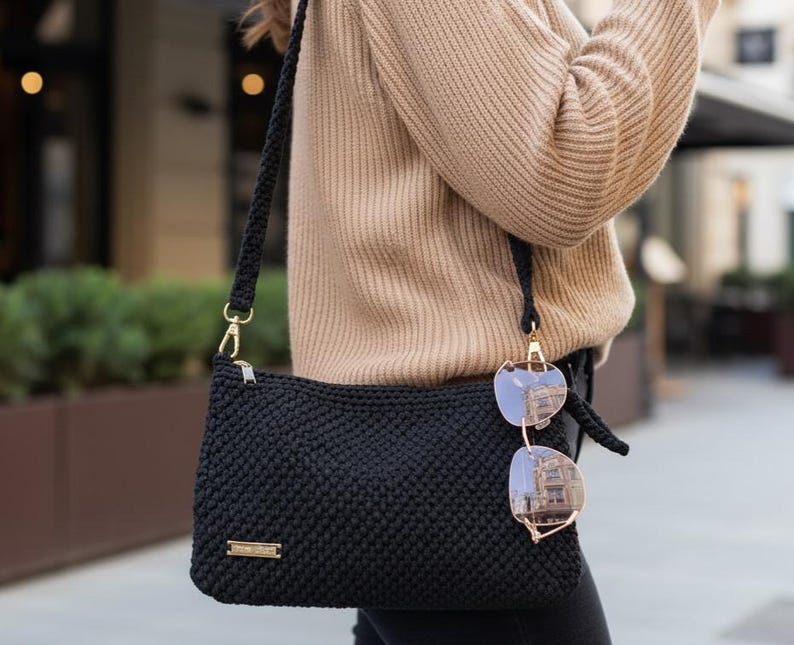 The Elegant hand-knitted crochet handbag, black evening  Homeartparis Elegant Black Crochet Handbag - Handmade Evening Shoulder Bag by Seval Özsoy - Luxury Hand-Knitted Crossbody - Versatile Party Purse shoulder bag, evening bag