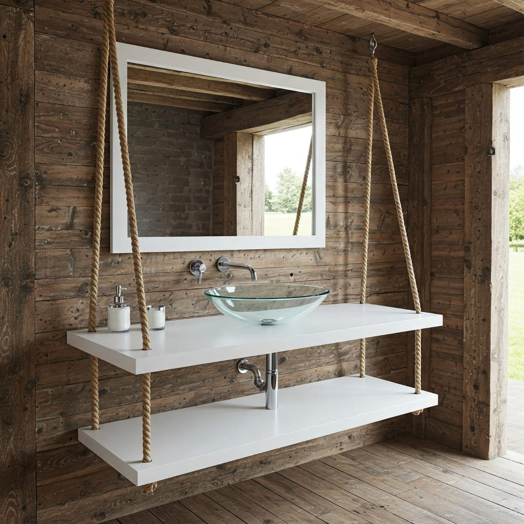 Homeartparis Handcrafted 2-Tier Hanging Vanity Set - Floating Rustic Bathroom Unit with Mirror
