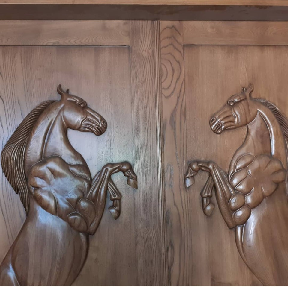 Vitage Wooden Garden Gate, Medieval Hand-Carved Chestnut Wood Double Doors with Rearing Horse Reliefs - Custom Size and Logo Options Homeartparis production