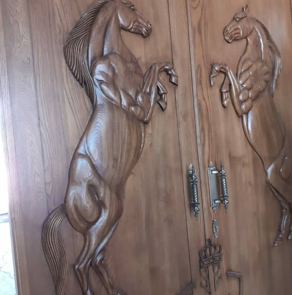 Vitage Wooden Garden Gate, Medieval Hand-Carved Chestnut Wood Double Doors with Rearing Horse Reliefs - Custom Size and Logo Options Homeartparis production