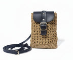 Homeartparis Woven Straw Crossbody Bag - Handmade Summer Mini Bag by Seval Özsoy - Natural Straw Purse with Black Leather Flap - Unique Gift for Her