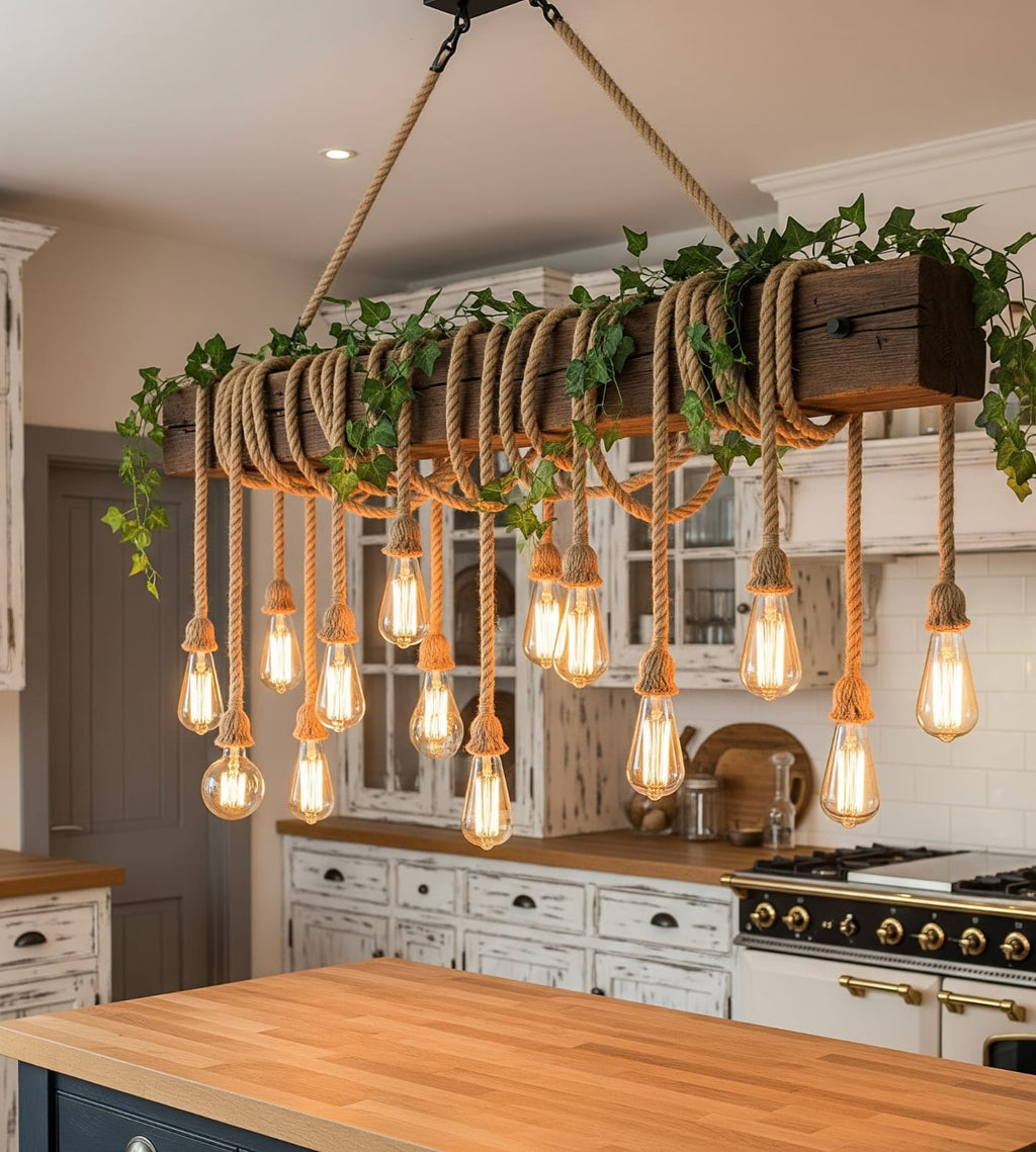 Grand 138 cm Wood Beam Chandelier with 15 Rope Pendants and Artificial Flowers Homeartparis production