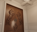 Vitage Wooden Garden Gate, Medieval Hand-Carved Chestnut Wood Double Doors with Rearing Horse Reliefs - Custom Size and Logo Options Homeartparis production