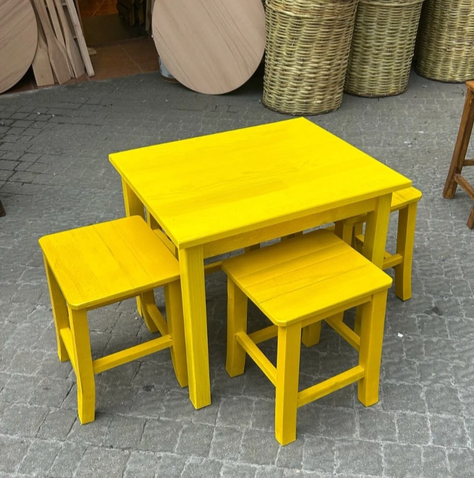 Vibrant Commercial Cafe Table Set, 4 Stools and 1 Table, Patio and Terrace Furniture, Customizable Wood, Suitable for Indoor/Outdoor Use> by homeartparis