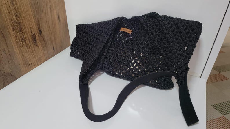Home art paris Elegant Black Crochet Evening Bag - Designer Hand-Knitted Shoulder Bag by Seval Özsoy - Unique Formal Crossbody Purse with Vegan Leaher Strap