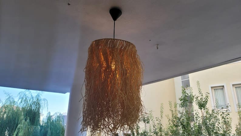 Handwoven Cylindrical Raffia Pendant Light - Exotic Island Style Boho Chandelier for Patios, Bars & Modern Interiors