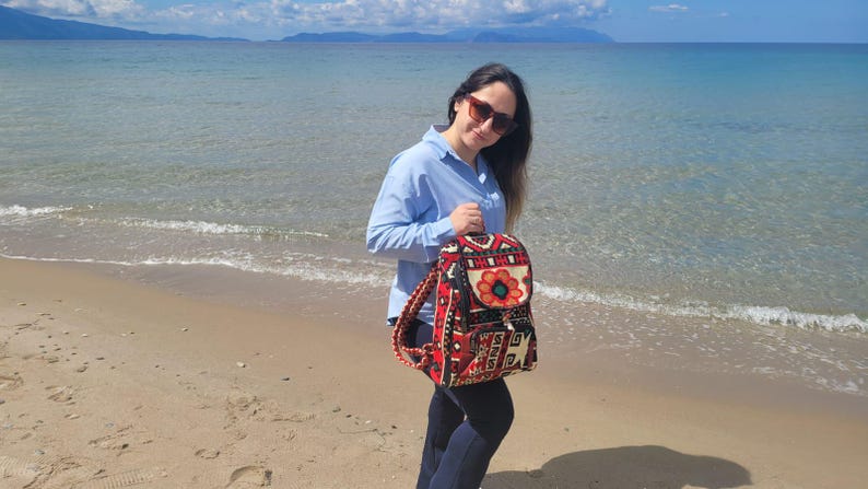 Ethnic Boho Backpack - Handwoven Authentic Kilim Pattern Travel Bag by Seval Özsoy - Unique Bohemian Rucksack - Artisan Kilim Accessory