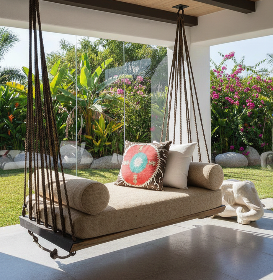 Artisan Handcrafted Spruce Wood Hanging Swing Bed - Complete All-Inclusive Set - Homeartparis production