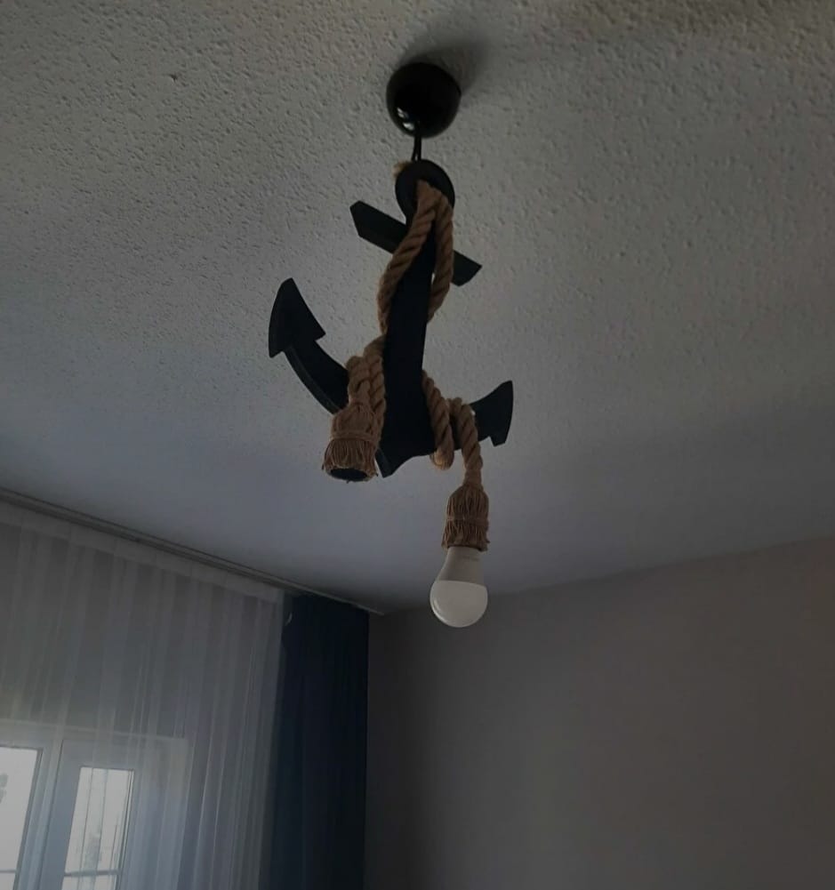 Handcrafted Wooden Anchor Pendant Light - Nautical Dual-Rope Chandelier with Adjustable Hanging Height