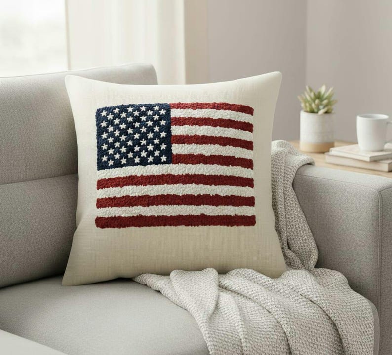 homeartparis Punch Needle American Flag Pillow Cover | Tufted USA Flag Cushion | Patriotic Home Decor Accent | Handmade 4th of July Gift