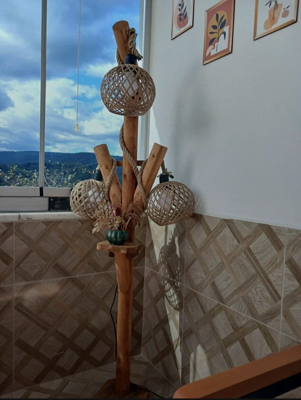 Natural Tree Branch Floor Lamp with 3 Rope Shades Homeartparis production
