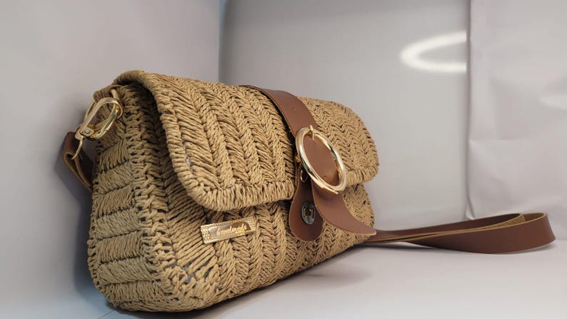 Bohemian Straw Crossbody Bag - Handmade Authentic Mini Bag by Seval Özsoy - Natural Woven Shoulder Purse with Leather Flap - Unique Artisan Gift