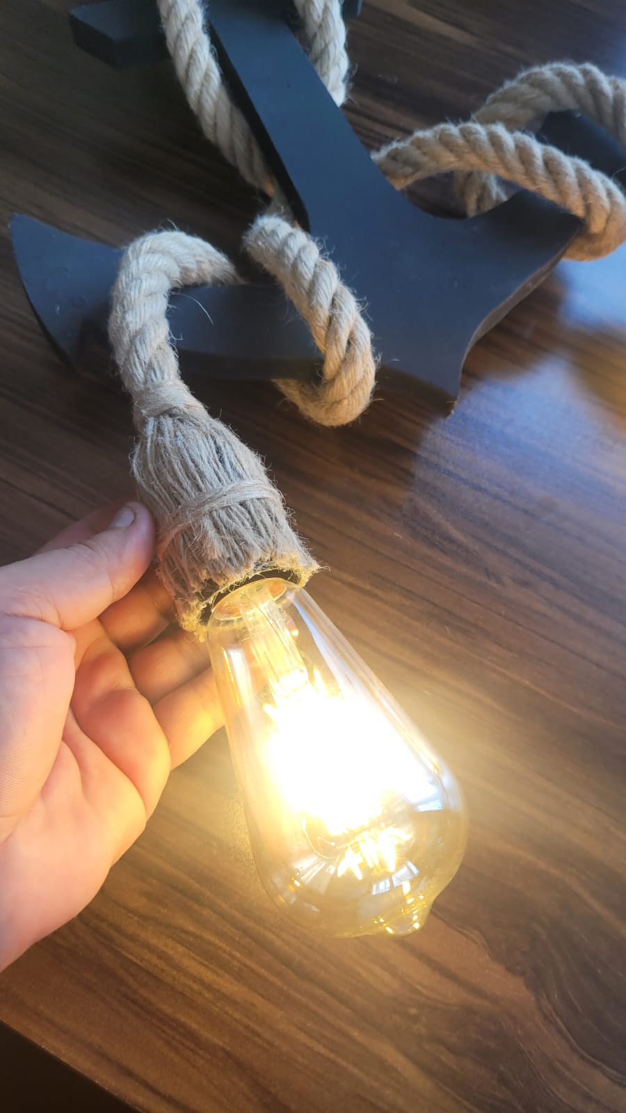 Handcrafted Wooden Anchor Pendant Light - Nautical Dual-Rope Chandelier with Adjustable Hanging Height