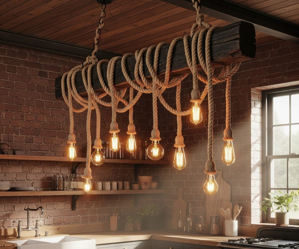 Grand 138 cm Wood Beam Chandelier with 15 Rope Pendants and Artificial Flowers Homeartparis production