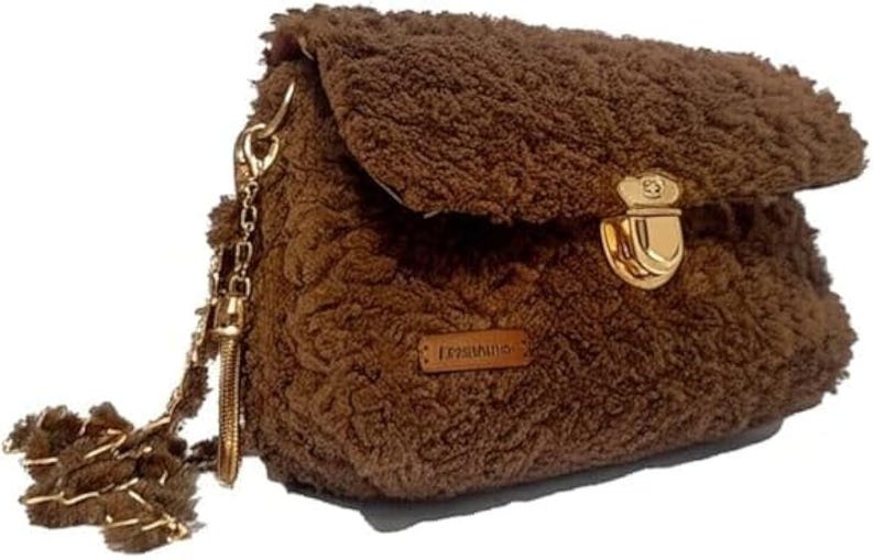 Brown Soft Plush Shoulder Bag - Handmade Designer Crossbody by Seval Özsoy - Luxury Cozy Faux Fur Purse with Gold Chain - Unique Gift