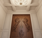 Vitage Wooden Garden Gate, Medieval Hand-Carved Chestnut Wood Double Doors with Rearing Horse Reliefs - Custom Size and Logo Options Homeartparis production