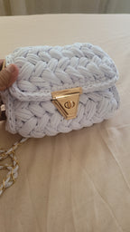 Chalk White Crochet Crossbody Bag - Handmade Popcorn Stitch Purse by Seval Özsoy - Soft T-Shirt Yarn Mini Bag - Unique Designer Gift