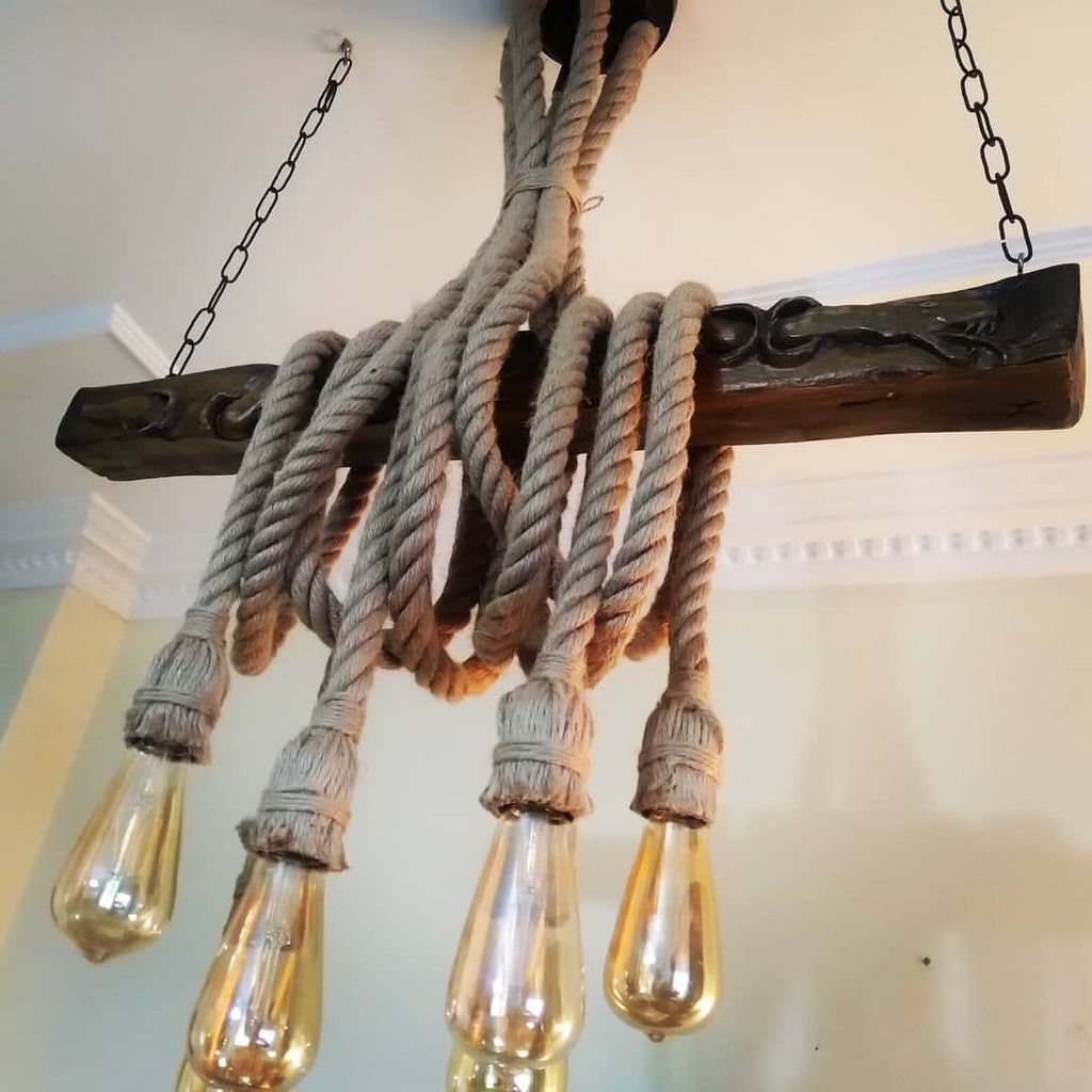 Hand Carved Mythological Snake Wood Chandelier with Jute Rope Vintage Beam Lighting Homeartparis production