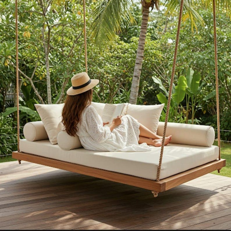 Luxury Handmade Wooden Swing Bed 60x160 cm (24x63 inches), Hanging Daybed with 180 cm (71 inches) Adjustable Ropes, Full Set with Cream Cushions