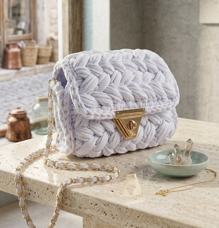 Chalk White Crochet Crossbody Bag - Handmade Popcorn Stitch Purse by Seval Özsoy - Soft T-Shirt Yarn Mini Bag - Unique Designer Gift