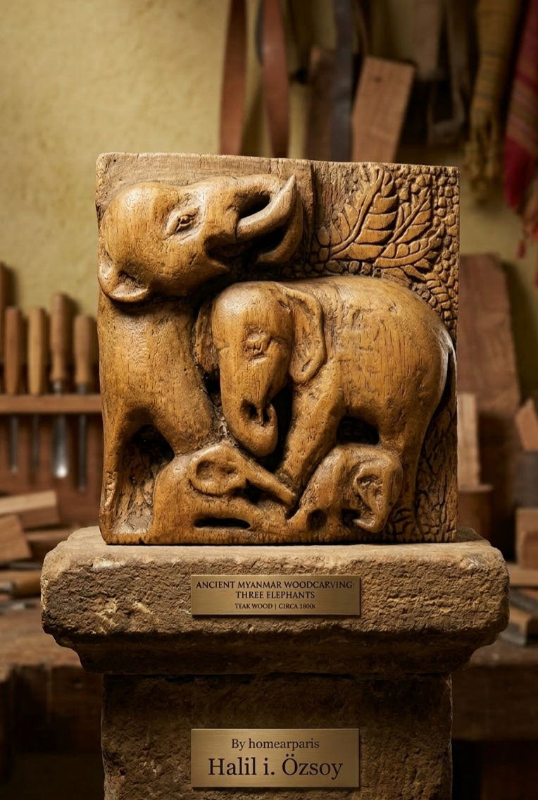 Serengeti Wind: Hand-Carved Wooden Elephant Family - Homeartparis production