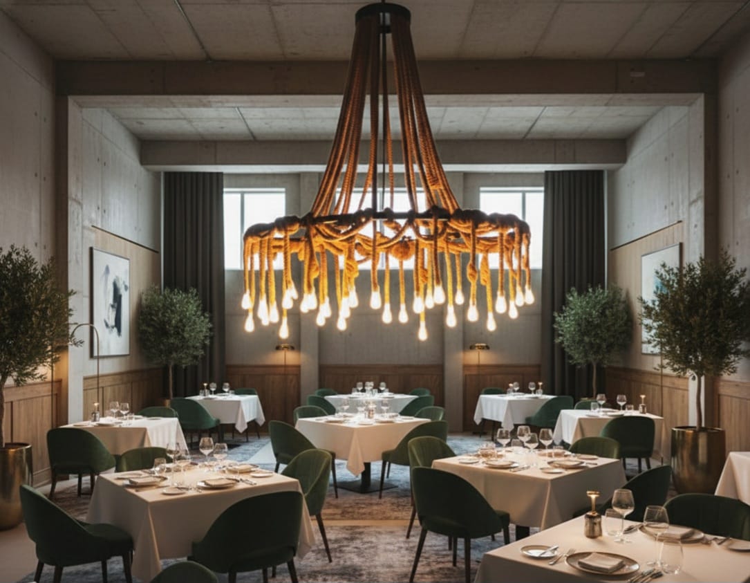 Grand 35-Arm Jute Rope Chandelier - Large Industrial Round Pendant Light - Homeartparis production