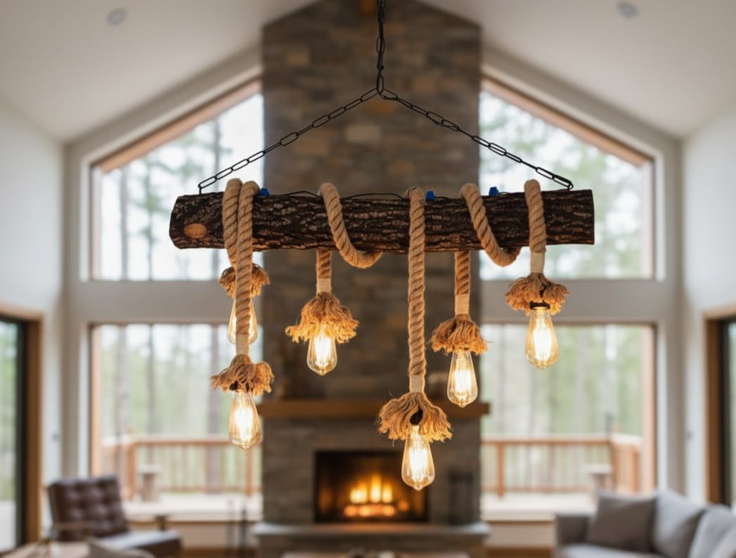 6-Light Natural Oak Branch and Rope Rustic Chandelier - Organic Homeartparis Design