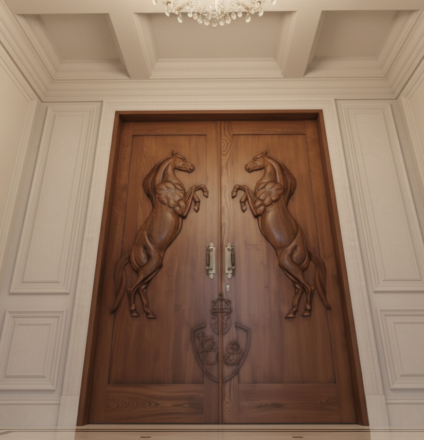 Vitage Wooden Garden Gate, Medieval Hand-Carved Chestnut Wood Double Doors with Rearing Horse Reliefs - Custom Size and Logo Options Homeartparis production
