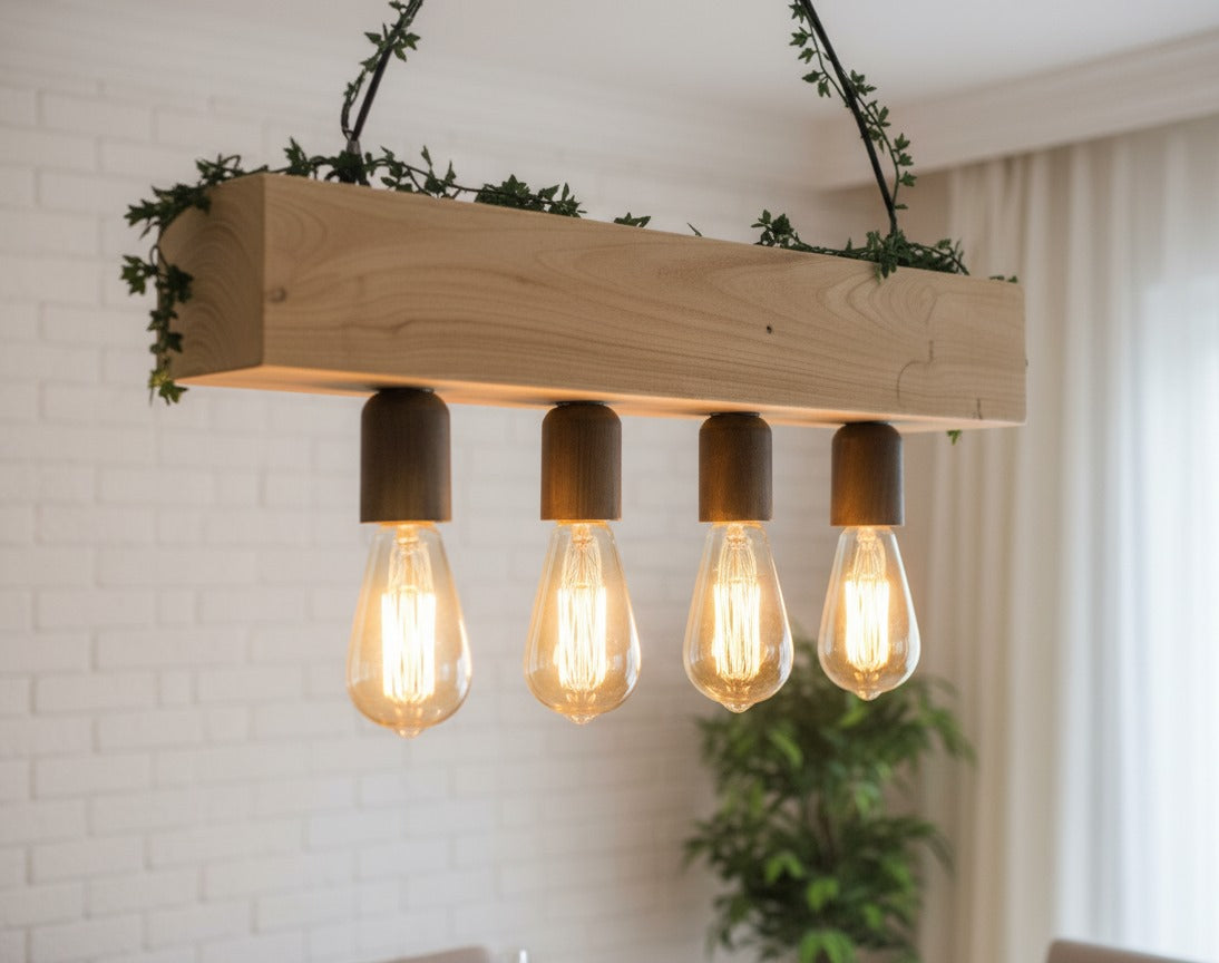 Minimalist Wood Beam Chandelier, Scandinavian Style Pendant, Modern Farmhouse Kitchen Island Lighting