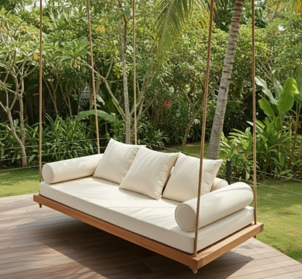 Handcrafted Spruce Wood Hanging Swing Bed - Complete All-Inclusive Set - Homeartparis production