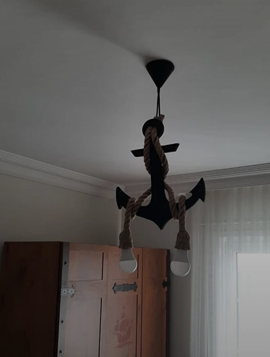 Handcrafted Wooden Anchor Pendant Light - Nautical Dual-Rope Chandelier with Adjustable Hanging Height